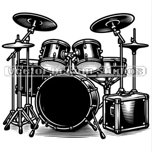 May include: A black and white illustration of a drum set with a bass drum, snare drum, two tom-toms, and cymbals. The drum set is on a stand with a case for drumsticks.