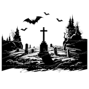 Halloween Graveyard with Tombstone Svg & Png File Graphic, Haunted Cemetery Illustration Scene, Spooky Silhouette Vector Image clipart