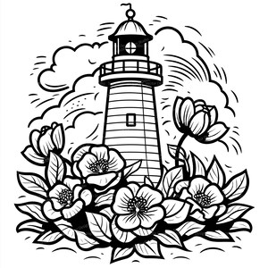 May include: A black and white line drawing of a lighthouse with a cloud above it. The lighthouse is surrounded by flowers.