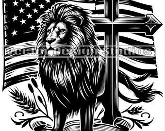 Lion Cross USA Flag SVG, Christian Patriotic Clipart (Digital Download)