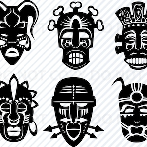 Maschere tribali africane SVG Bundle - Tribal Vector Immagini silhouette Clip Art - Maschere azteche File SVG - Eps, Png DXF ClipArt africa