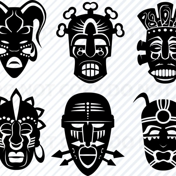 Masques tribaux africains SVG Bundle - Tribal Vector Images silhouette Clip Art - Masques aztèques SVG Fichiers - Eps, Png DXF ClipArt Afrique