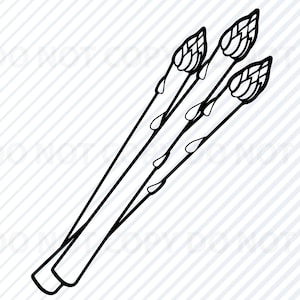 May include: A black and white line drawing of three asparagus spears with the tips of the spears facing up.