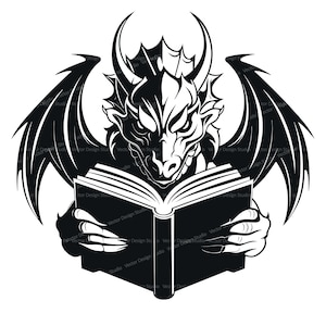 May include: A black and white illustration of a dragon reading a book. The dragon has wings and is holding the book with its claws.