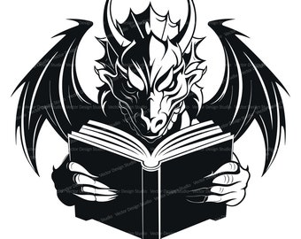 Dragon Reading Books Svg & PNG Files, Fantasy Clipart Silhouette, Dragon Vector Images, SVG For T shirt Design, Transparent Background print
