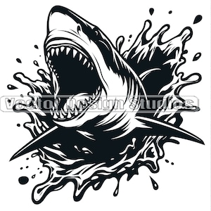 Great White Shark Svg With Water Splash PNG Files, Ocean Shark Face Clipart, Big Fish Vector Silhouette Images for SVG T shirt Design