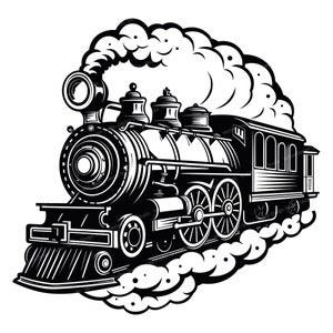 May include: A black and white illustration of a vintage steam locomotive with smoke billowing from the chimney. The locomotive is moving forward and has a passenger car attached to it.