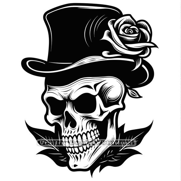 Crâne avec chapeau haut de forme et roses fichier SVG graphique, silhouette vecteur Image clip art, crâne avec roses logo tatouage conception fichier téléchargement numérique