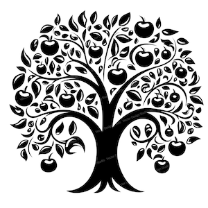 May include: Black and white silhouette of a tree with many leaves and apples. The tree is stylized and has a whimsical feel.