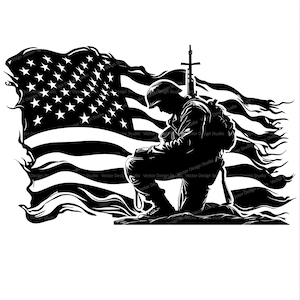 Kneeling Soldier American Flag Svg & PNG Files, Patriotic Clipart Vector Image, 4th of July Shirt Design, Fallen Soldier Military Veteran