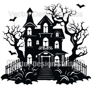 May include: Black and white silhouette of a spooky haunted house with a fence, trees, and bats. The house has a pointed roof, multiple windows, and a front door with steps leading up to it.