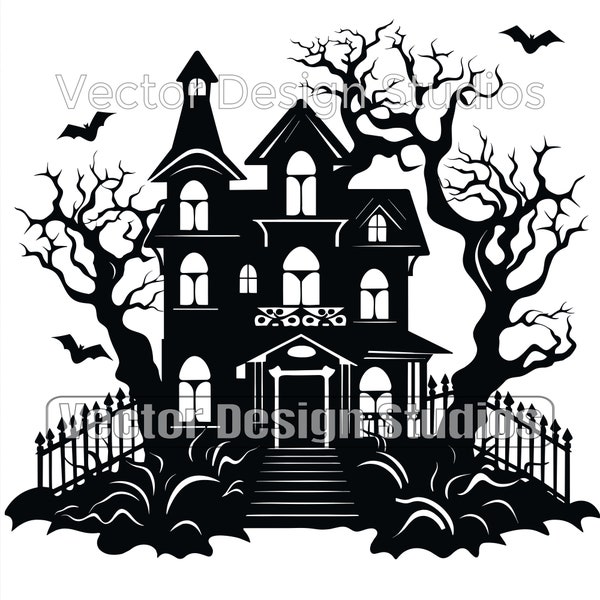 Haunted House Svg File Graphic, Haunted House png Scene Silhouette Vector Image clip art, Halloween House clipart
