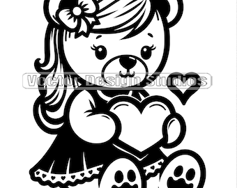 Girl Teddy Bear with Hearts SVG, Valentines Day Clipart (Digital File)