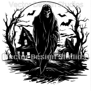 Grim Reaper Haunted House Svg & Png file graphic, Halloween Silhouette scene, Scary vector image clipart, Digital File