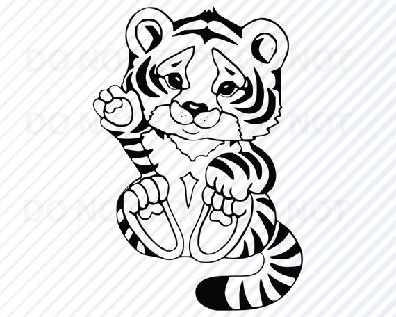Baby Tiger #3 SVG - Black & white Transfer Vector Images - Tiger Clip Art  SVG Files - Eps, Png, dxf Stencil ClipArt Silhouette