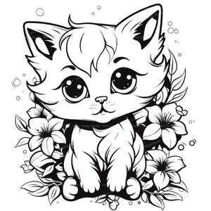 Cute Baby Kitten with Flowers Svg & PNG Files, Pet Animal Cat Clipart Silhouette Vector Image, Kids Coloring Page SVG Transparent Background