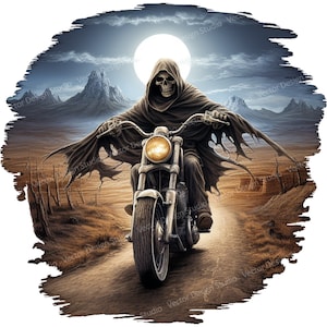 Skeleton Biker Png graphic for Sublimation, Grim reaper riding Motorcycle Chopper clip art, mug & T shirt Design, Biker digital download
