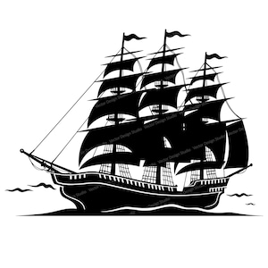 May include: Black and white silhouette of a large sailing ship with three masts and multiple sails. The ship is sailing on a wavy sea.