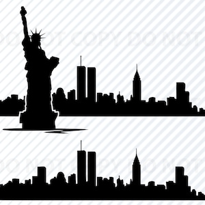 Arquivos SVG do horizonte da cidade de Nova York - Skyline de Nova York svg Clipart -Arquivos de silhueta de torres comerciais Eps, Png, Dxf Clip Art Estátua da liberdade