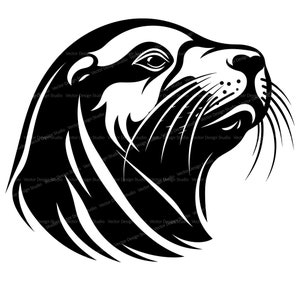 May include: Black and white illustration of a seal's head with a stylized design. The seal's head is facing to the right and has a long snout with whiskers.