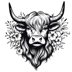 Highland Kuh mit Blumen SVG Datei - Niedliche Highland Kuh Kopf Vektor Bilder, Tier Clipart SVG Bild für Logo