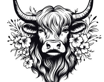 Floral Highland Cow SVG – Black Animal Clipart (Digital Download)