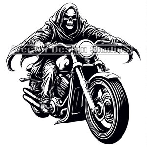 Sensenmann Reiten Motorrad SVG & PNG-Dateien, Skelett Schädel Biker Clipart Silhouette Vektor-Bild, SVG-T-Shirt-Design, digitaler Download