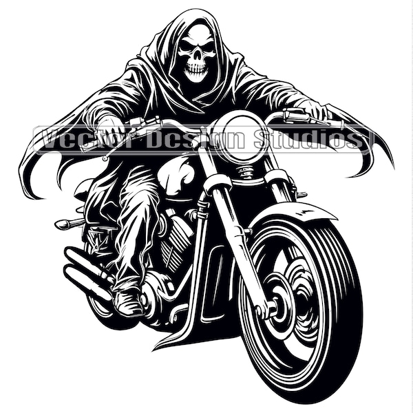 Fichiers Svg & PNG de moto de la grande faucheuse, Image vectorielle de silhouette squelette tête de mort motard, Design de T-shirt SVG, téléchargement numérique