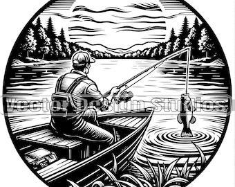 Puede incluir: Una ilustración en blanco y negro de una persona pescando desde un bote en un lago. La persona lleva un sombrero y sostiene una caña de pescar. Un pez está al final de la línea. La escena se desarrolla con un fondo de árboles y una puesta de sol.