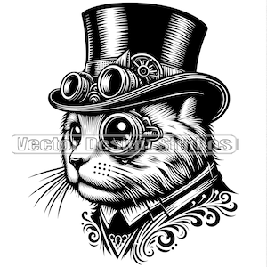Steampunk Katze SVG-Datei Vektor-Bild, Katze Png ClipArt, T-Shirt-Design, Katzenkopf Laser-Datei, Katze mit Zylinder digitaler Download