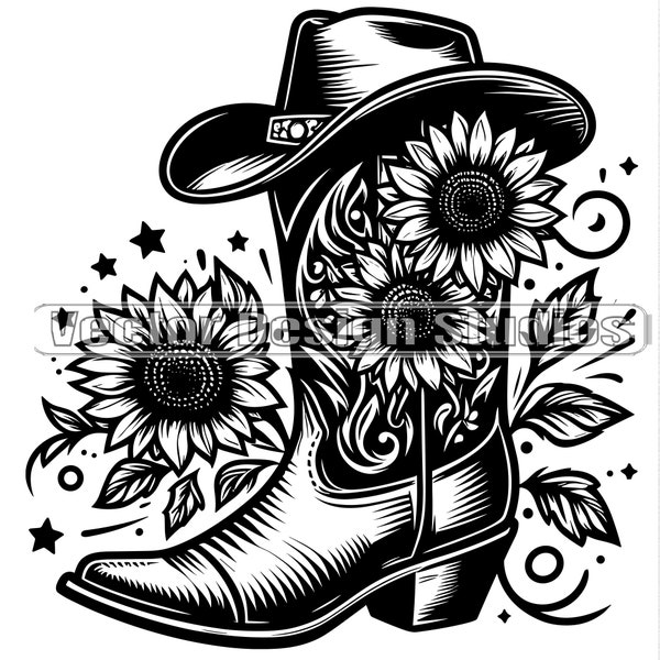 Cowgirl Boot Sunflowers Svg & PNG Files, Cowboy Boot Flowers Hat Floral Western Clipart, SVG Shirt Design laser file Vector Image