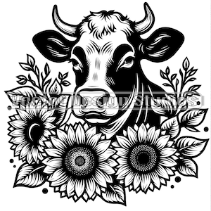 Arquivo SVG de vaca com cabeça de girassóis - imagens vetoriais de rosto de vaca com flores, silhueta, animais de fazenda SVG, cabeça de vaca png ClipArt, arquivo laser