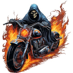 Grim Reaper Biker Png for Sublimation, Skeleton riding Motorcycle Chopper clipart, T shirt Design, Biker mug design clipart digital download