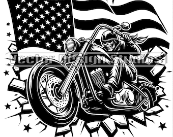 May include: Black and white illustration of a skull riding a motorcycle through a cracked wall with an American flag in the background.