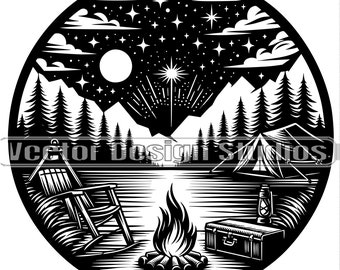 Camping Scene Vector Clipart, Outdoors Illustration SVG PNG (Digital Download)