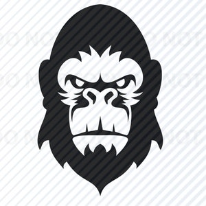 May include: Black and white illustration of a gorilla's face with a serious expression.