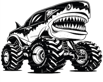 Shark Monster Truck Svg & PNG Files, Big Truck Clipart Silhouette Vector Image, SVG Shirt Design Graphic, Transparent Background print file