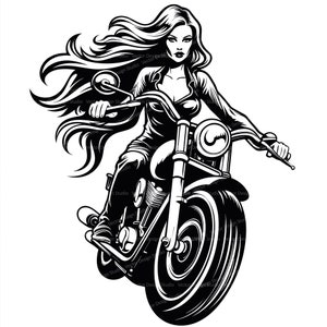 Biker Mädchen SVG & PNG Dateien, Frau Motorrad Clipart Silhouette Vektor Bild SVG Shirt Design Grafik, transparenter Hintergrund Druck