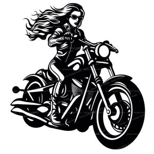 Girl riding Motorcycle Svg & PNG Files, Woman Biker Clipart Silhouette Vector Image SVG Shirt Design Graphic, Transparent Background Print