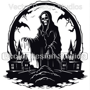 Haunted House Svg & Png file graphic, Halloween Grim Reaper Vector Silhouette scene, Scary vector image clipart, Shirt Design Digital File