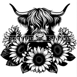 Highland Kuh mit Sonnenblumen SVG-Datei - Süße Highland Kuh Kopf Vektor-Bilder, Tier Clipart SVG, Sonnenblumen Clipart, Kuh Laser gravieren Datei