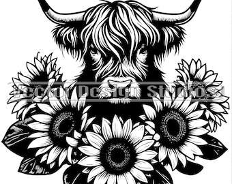 Mucca delle Highlands con girasoli SVG – Clipart di animali, file di incisione laser