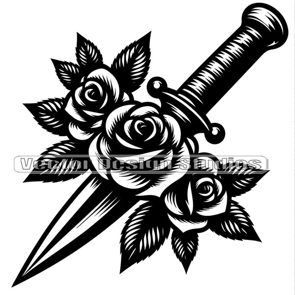 Dagger with Roses Svg & PNG Files, Knife with Rose Clipart, Dagger Silhouette Vector Image, Dagger Tattoo Clip art, Digital Download