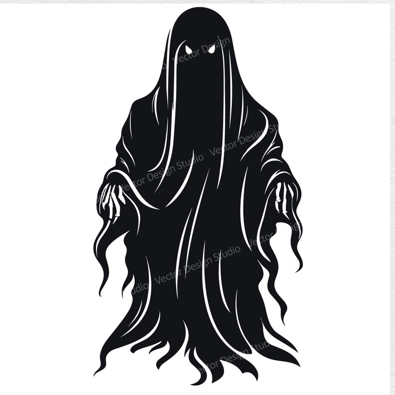 May include: Black and white silhouette of a ghost with glowing eyes. The ghost is wearing a flowing robe and has a spooky expression.