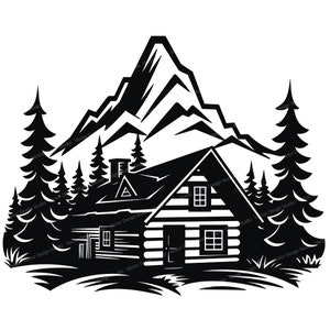 Log Cabin with Mountains Svg & PNG Files ,Nature Silhouette Vector Image Clipart, Cut files, SVG For T shirt Design, Transparent Background,