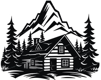 Log Cabin Mountain Scene SVG, PNG, Vector Clipart (Transparent Background)