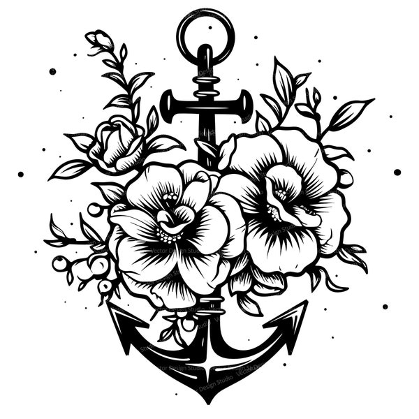 Ship Anchor with Flowers Svg & PNG Files, Nautical Clipart Silhouette, Vector Image, SVG For T shirt Design, Transparent Background