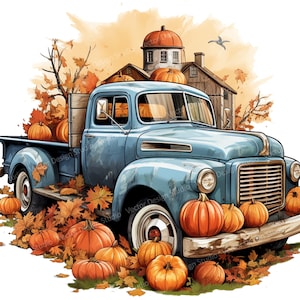Old Retro Blue Farm Truck with Pumpkins Png for Sublimation, Rustic Truck Country clip art T shirt Design, Fall Clipart