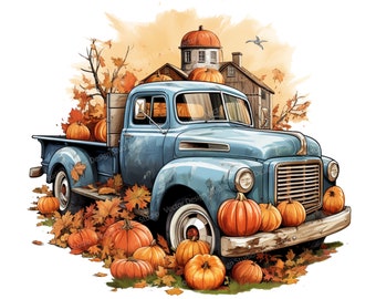 Vintage Blue Farm Truck with Pumpkins PNG, Fall Clipart (Digital Download)
