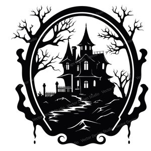 May include: Black and white illustration of a haunted house within an oval frame, surrounded by bare trees. The house has multiple turrets and windows, set on a hill with a small fence. The frame has decorative drips at the bottom.